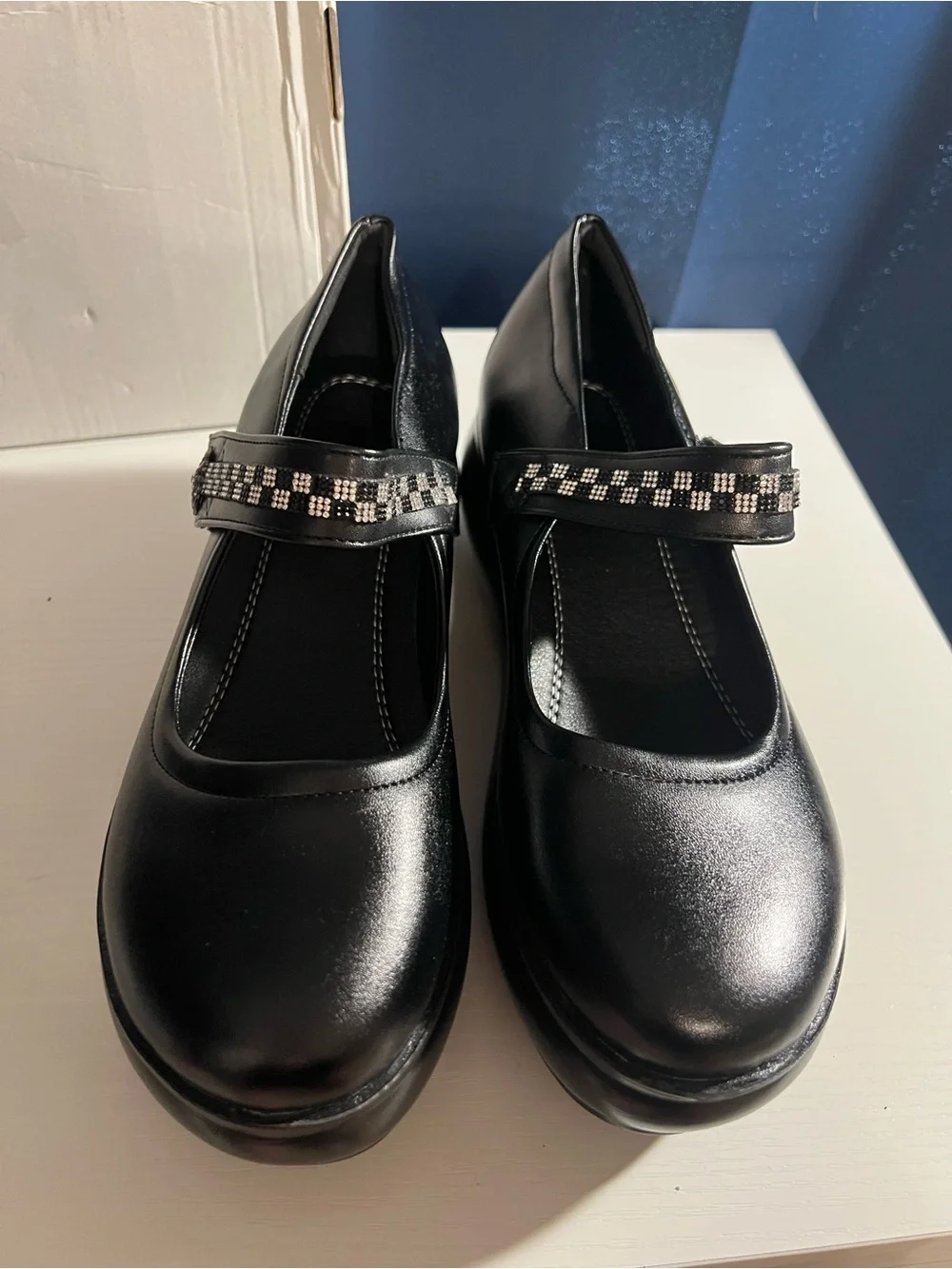 Black Platform Mary Jane Wedges with Rhinestone Strap – Brand New